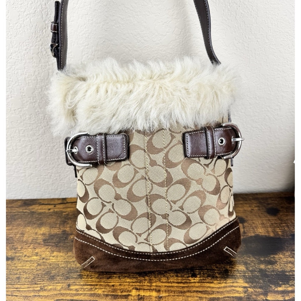 Coach Signature Fur Trim Shoulder Bag Brown Leather Buckle Y2K Small 8K47